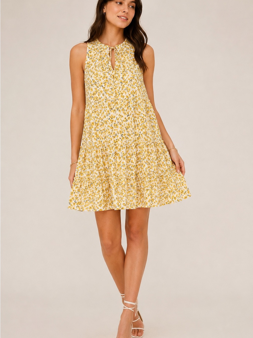 Justify Yellow Floral Tiered Mini Dress Tie Neck Sleeveless Boho Cottagecore